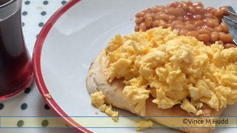Scrambled egg on toast, with beans - and of course a cup of coffee!