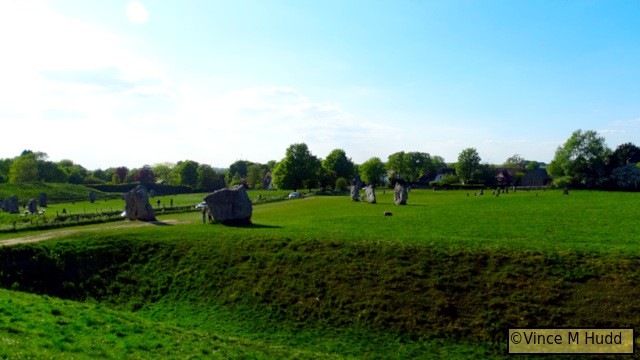 Looking from the outer bank, across the ditch and towards some of the Avebury stones.