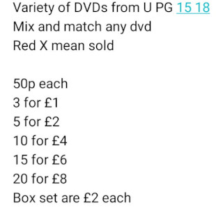 Various DVDs - 50p each, three for a pound, five for two pounds, ten for four pounds, fifteen for six pounds, twenty for eight pounds