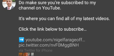 Farage plugging his YouTube video channel, the URL for which is truncated so that it ends with nigelfarageoff
