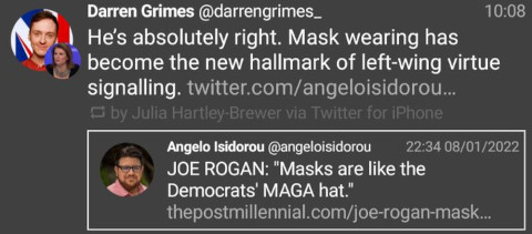 Darren Grimes calling mask wearing 'the new hallmark of left-wing virtue signalling