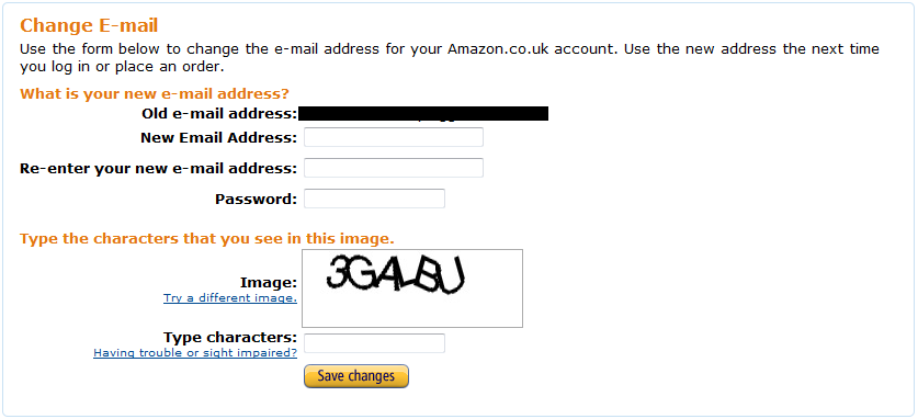 Amazon's page for changing an email address