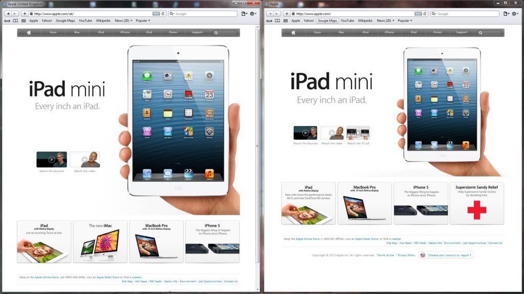 Apple's UK and main homepages, side by side, now at the full height of my screen (1080p)
