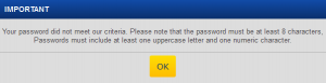 Ryanair's error message telling the user that the password doesn't meet their criteria